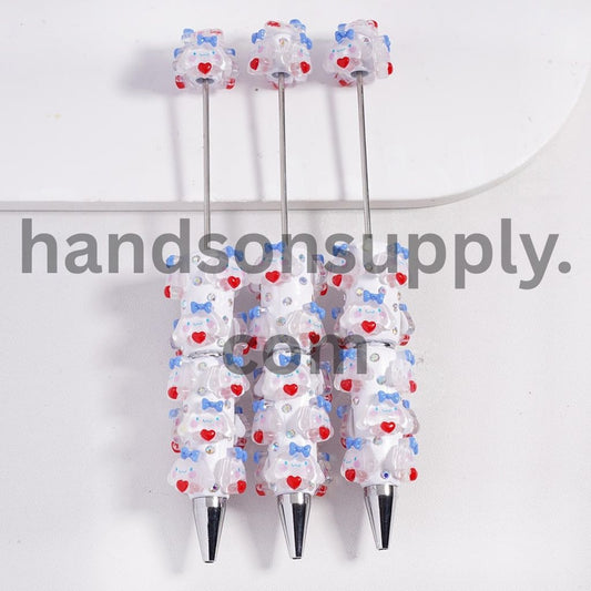 Cute Bowtie Heart Adorable Character Beadable Clay Pens with Blue Bowtie & Rhinestone