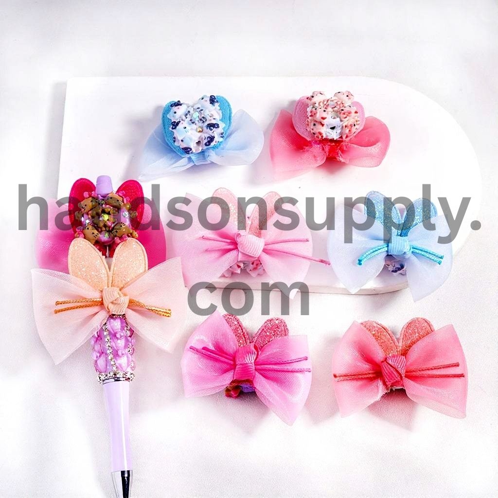 Glittery Cute Cat Character Fabric Bowtie & AB Rhinestones MultiColor Clay Beads Random Mix