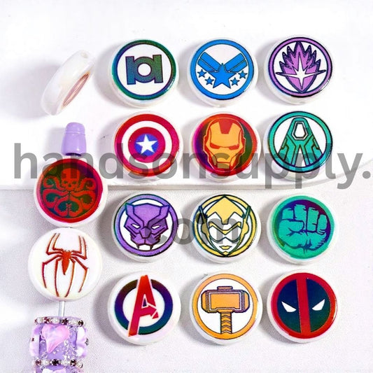 UV Coating Strong Heroes Character Flat Round Shape Acrylic Beads 23MM, Random Mix