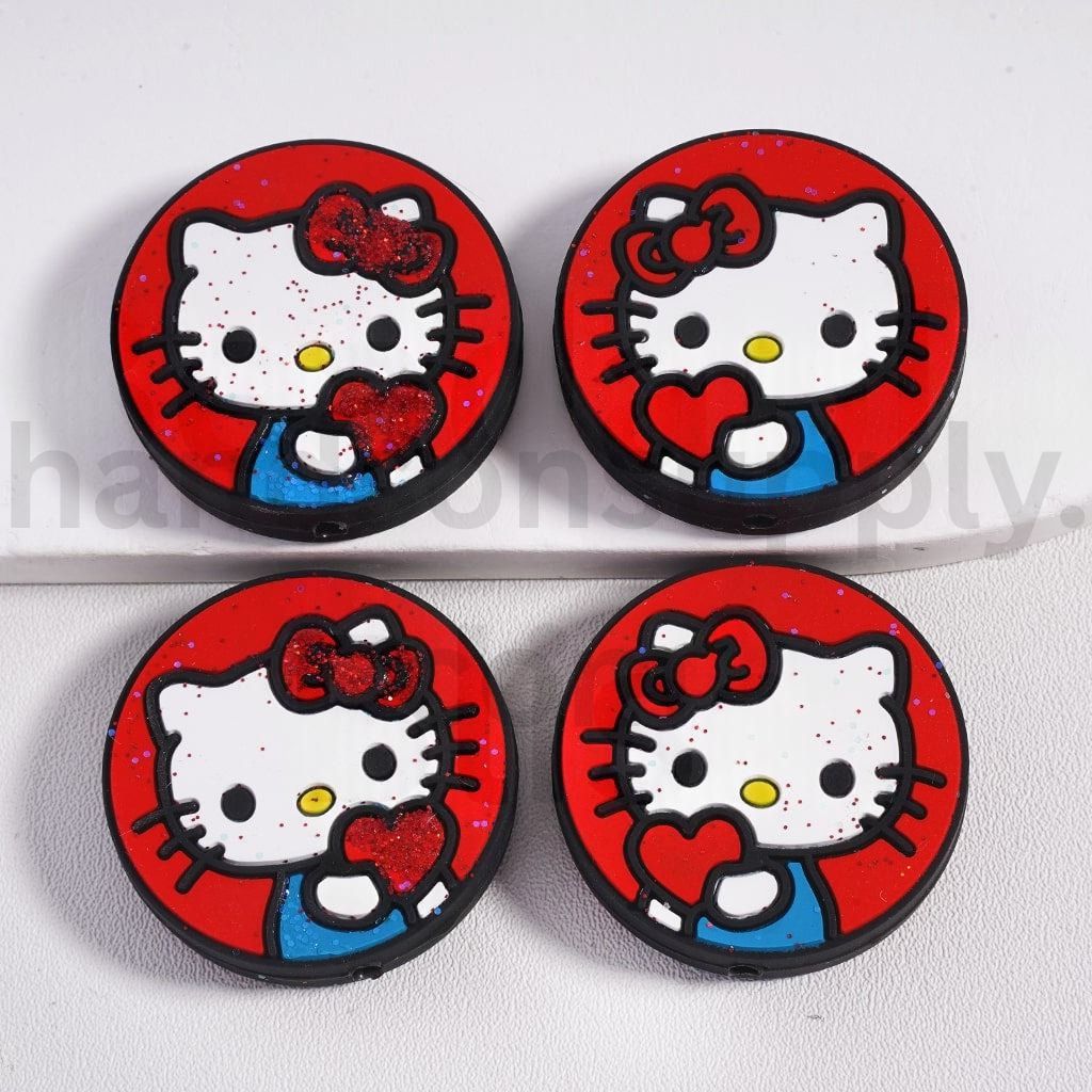 Cute Hello Kitty with Red Heart & Bowknot Glittery Style Round Silicone Focal Bead