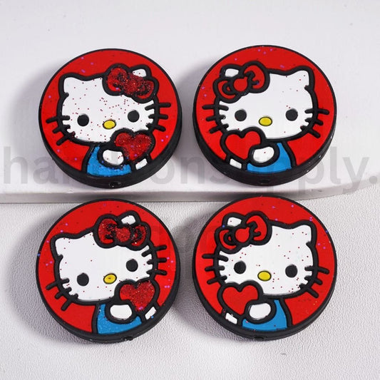 Cute Hello Kitty with Red Heart & Bowknot Glittery Style Round Silicone Focal Bead