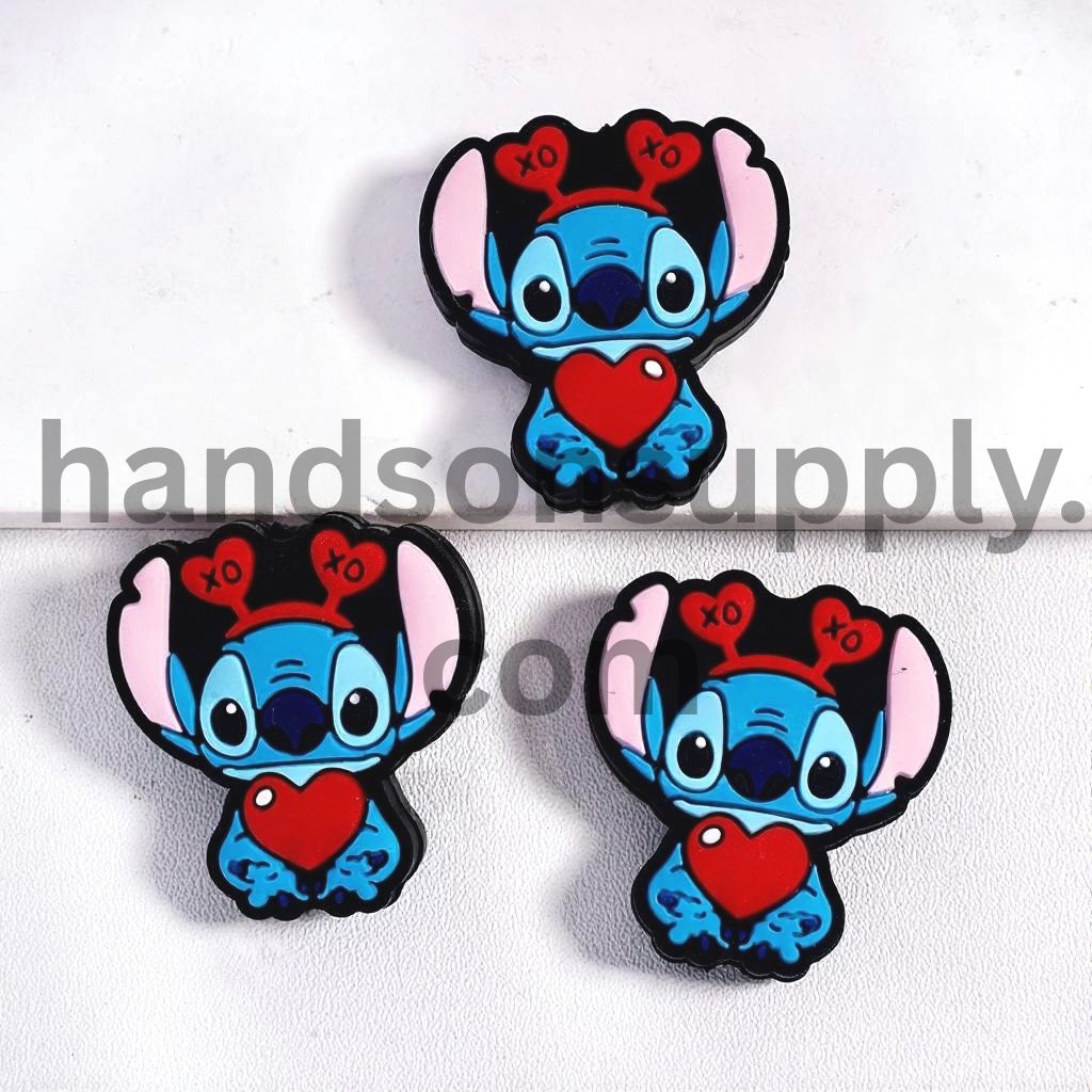 Cute Blue Monster Character Holding Red Heart & Hair Hoop with Text "XO", Valentine's Day Theme Silicone Focal Beads