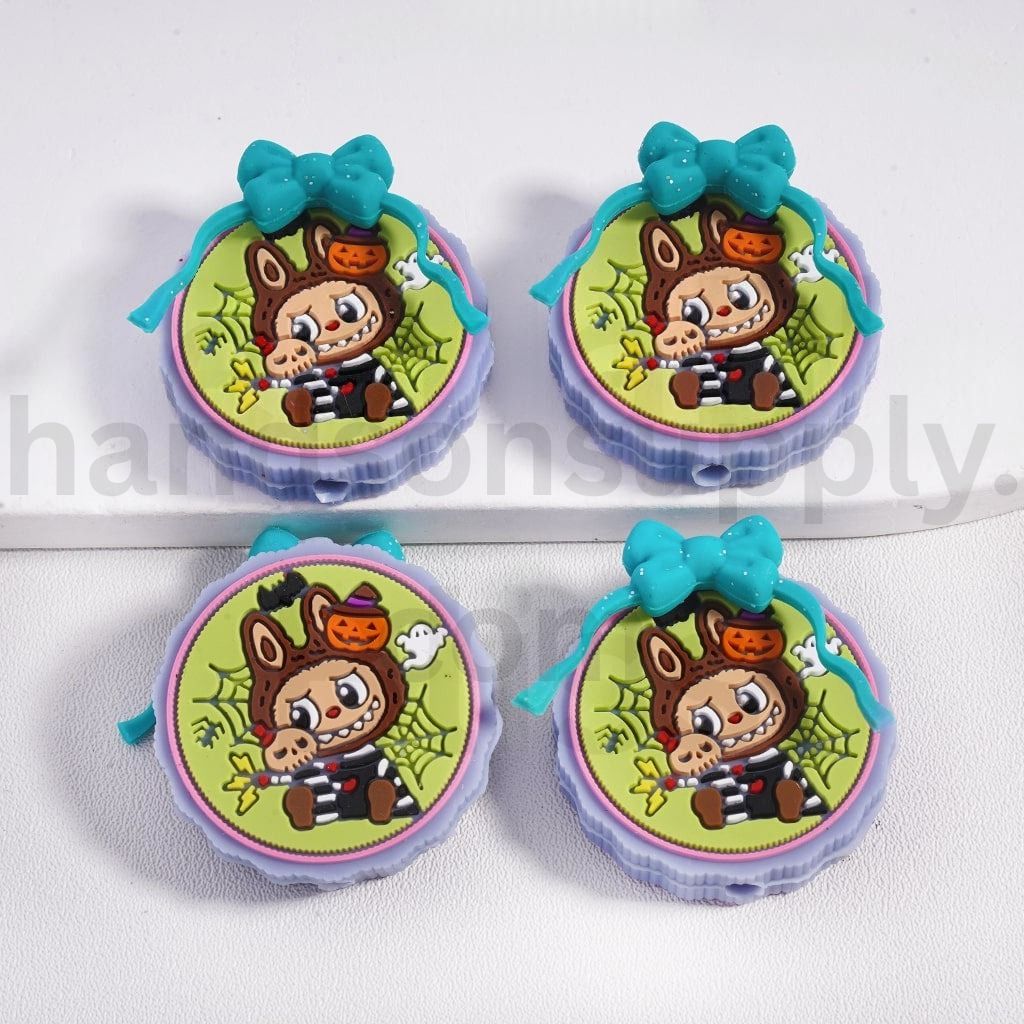 Halloween Labub Ghost Face Pumpkin & Bat with Teal Glitter Bow Round Silicone Focal Bead