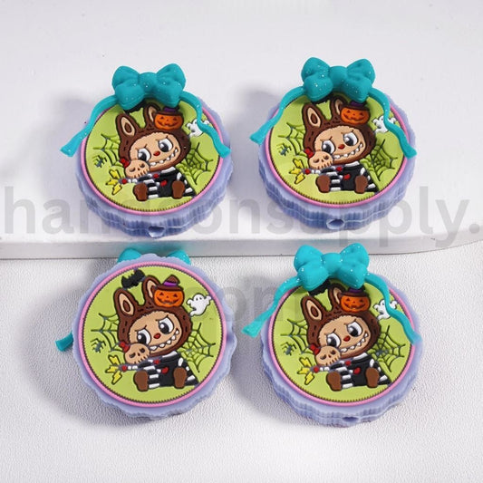 Halloween Labub Ghost Face Pumpkin & Bat with Teal Glitter Bow Round Silicone Focal Bead