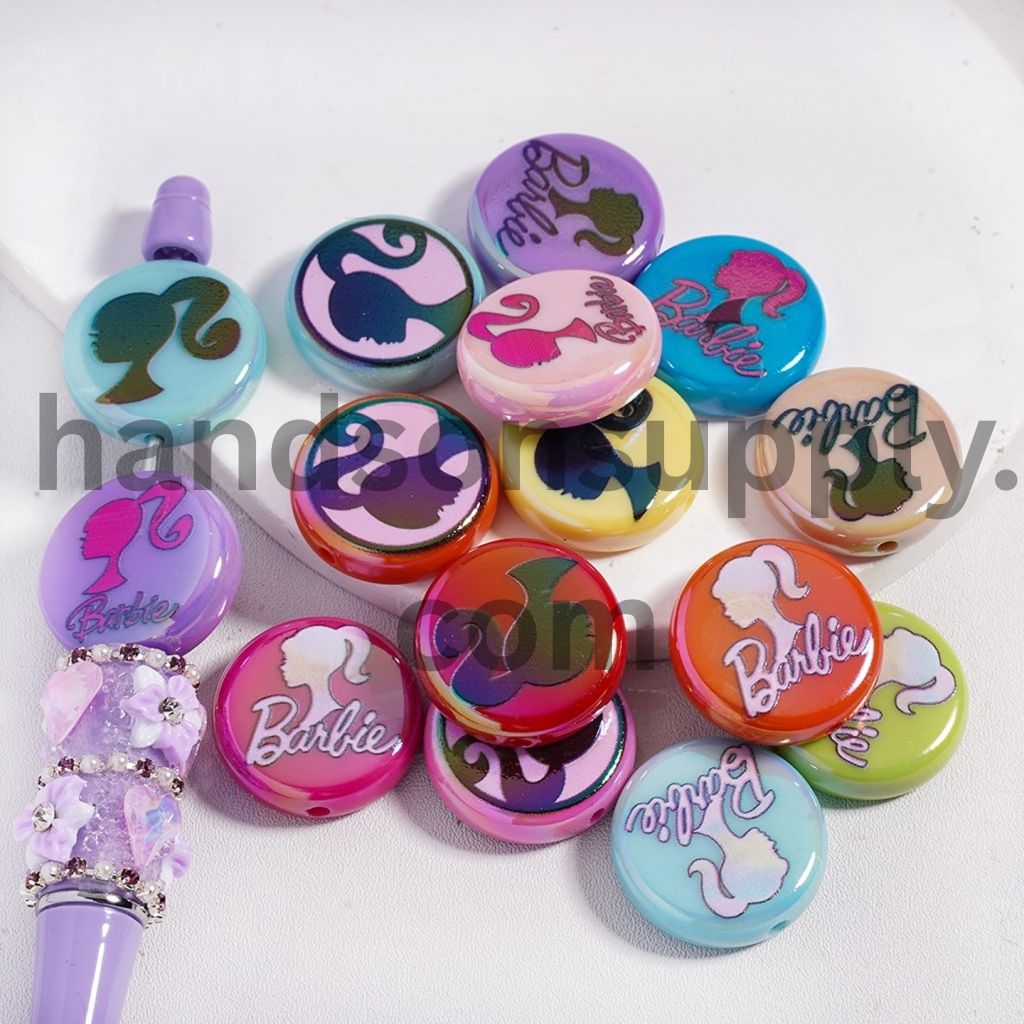 UV Coating Fashion Doll High Ponytail Print Flat Round Acrylic Beads 23MM Random Mix