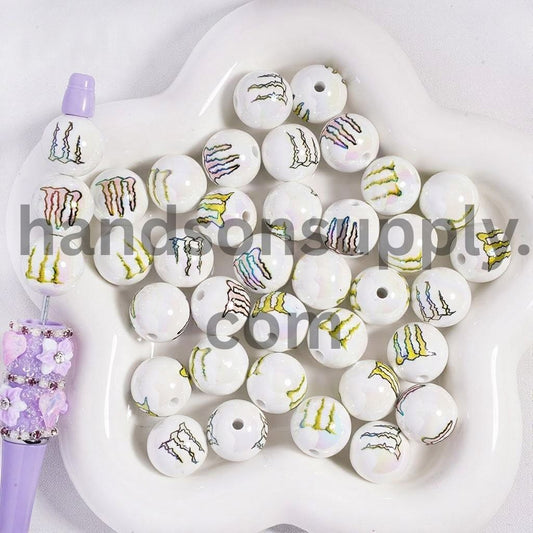 UV Coating Monster Claw Print White Round Acrylic Beads 16MM, Random Mix
