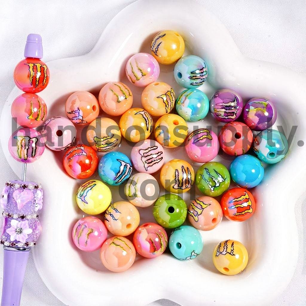 UV Coated Soda Claw Print on Colorful Round Acrylic Beads 16 mm Random Mix