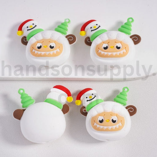 3D Labub Face in Sheep Costume Snowman Red Santa Hat & Christmas Tree Silicone Focal Bead