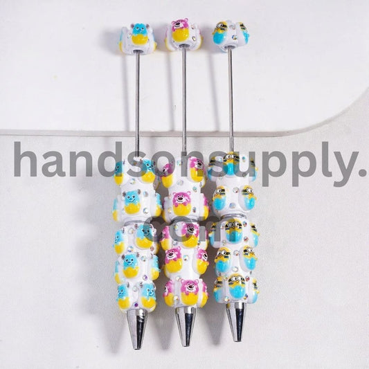 Cute Pink Bear Characters with Banana with Blue AB Rhinestones Beadable Clay Pens Random Mix