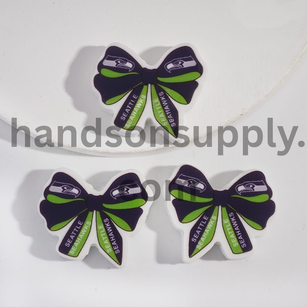 Bow Tie Shape Silicone Focal Bead with Seattle Football Pattern