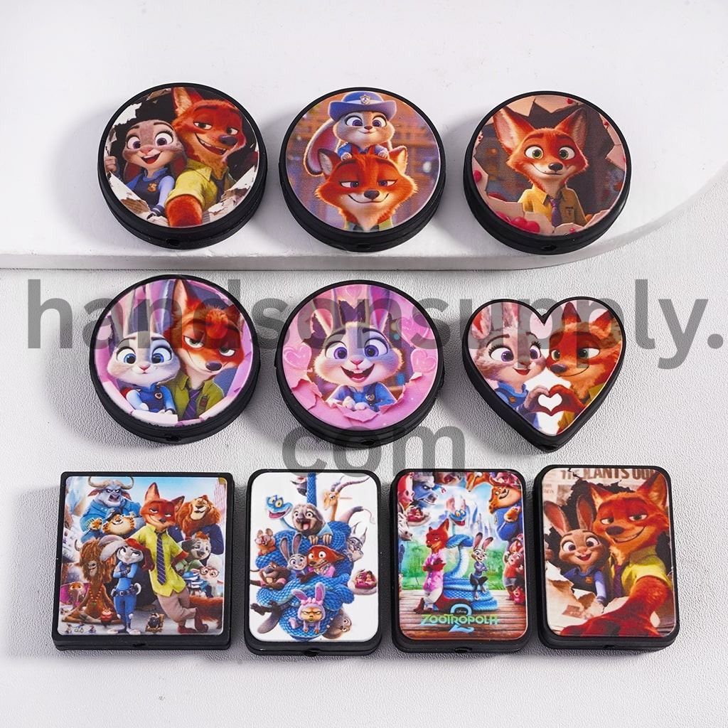 Crazy Animal City Series Print Flat Back Mixed Designs and Shapes, Silicone Focal Beads Random Mix