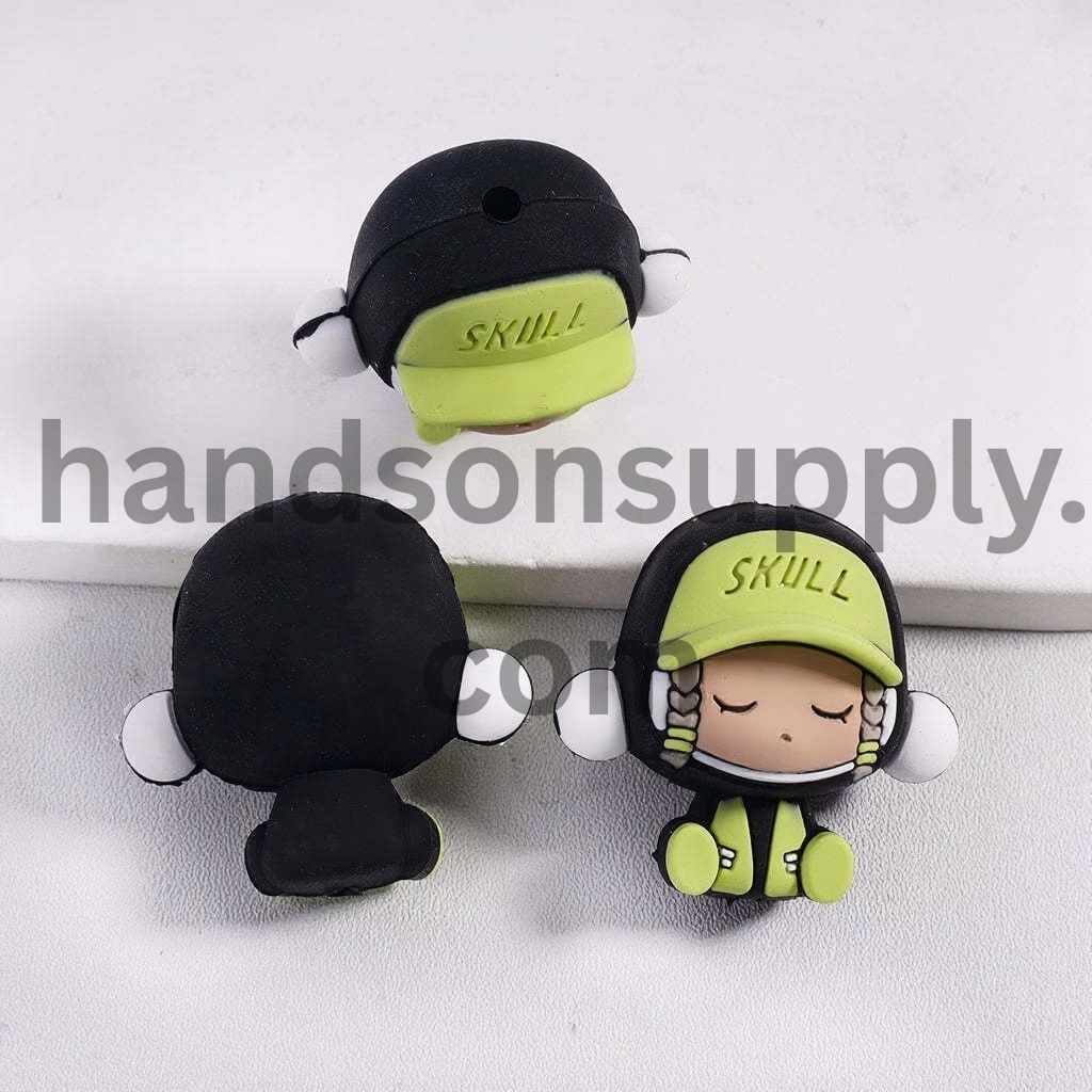 3D Fashionable Cute Baby Girl Character Enjoy to Music Silicone Focal Beads