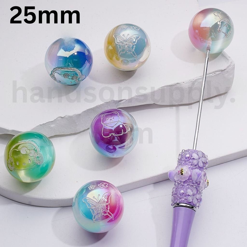 Cute Hell Kitt Bear Butterfly Flower Prints Double Color Cat Eye Style Round Pen Topper, 25MM, Random Mix