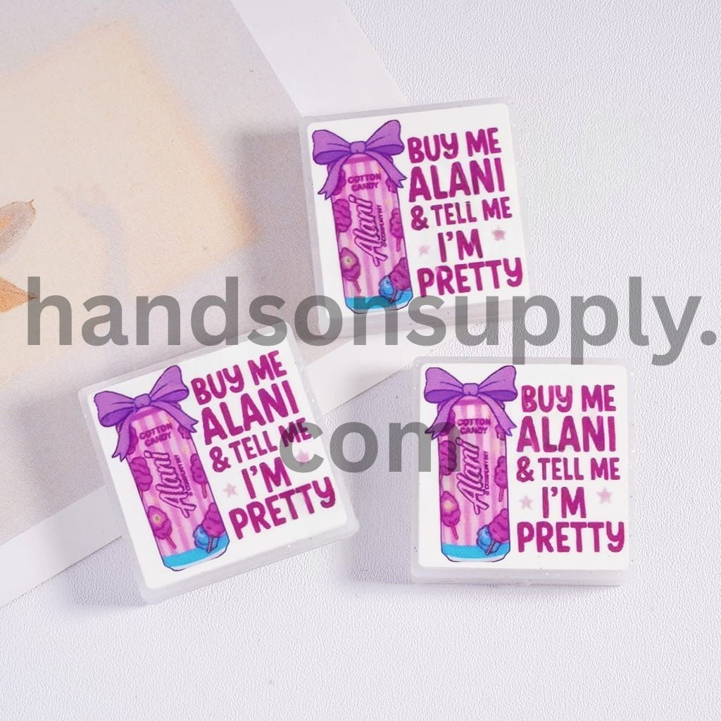 Pink & Purple Beverage Can and Text “BUY ME & Tell Me I’m Pretty,” Silver Glitter Flat Squares Silicone Focal Beads