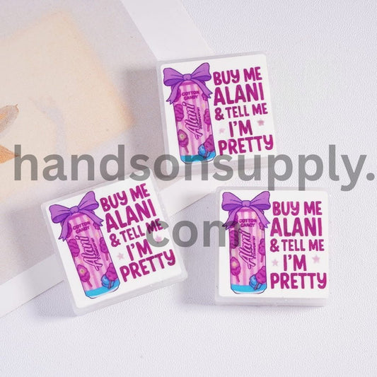 Pink & Purple Beverage Can and Text “BUY ME & Tell Me I’m Pretty,” Silver Glitter Flat Squares Silicone Focal Beads