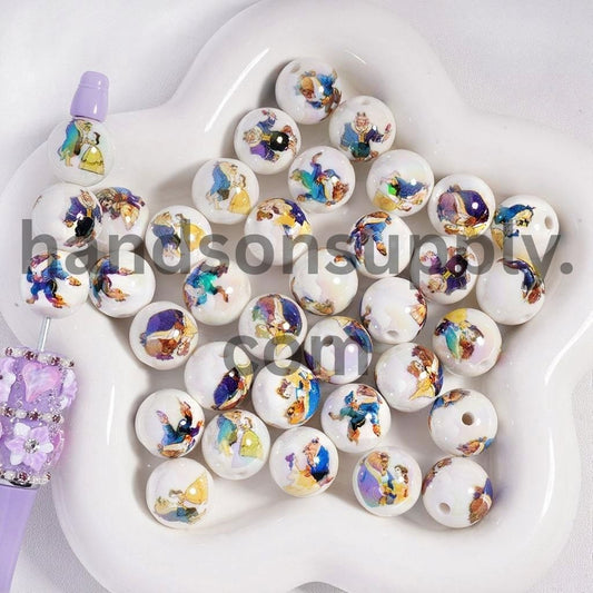 UV Coating Beautiful Girl & Wild Beast Print on White Background Round Acrylic Beads 16MM