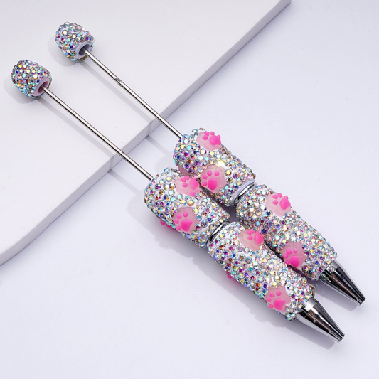 Beadable Clay Pens with Cute Pink Paw Prints Mini AB Rhinestones Covered the Entire Pen