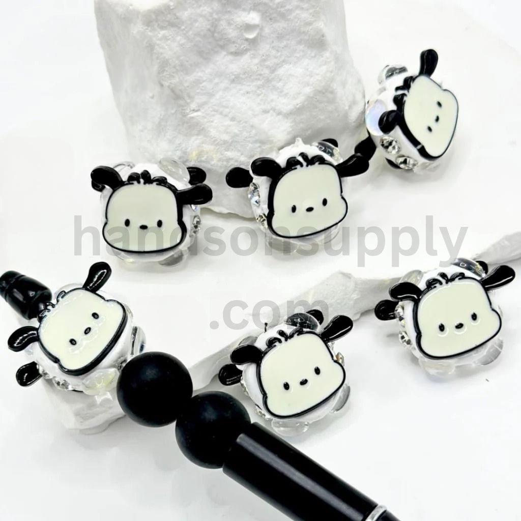 Delicate Chic Pochacc Head in Black Shiny White & Pink with Rhinestones Oval Pearls Clay Beads, Around 26*20MM