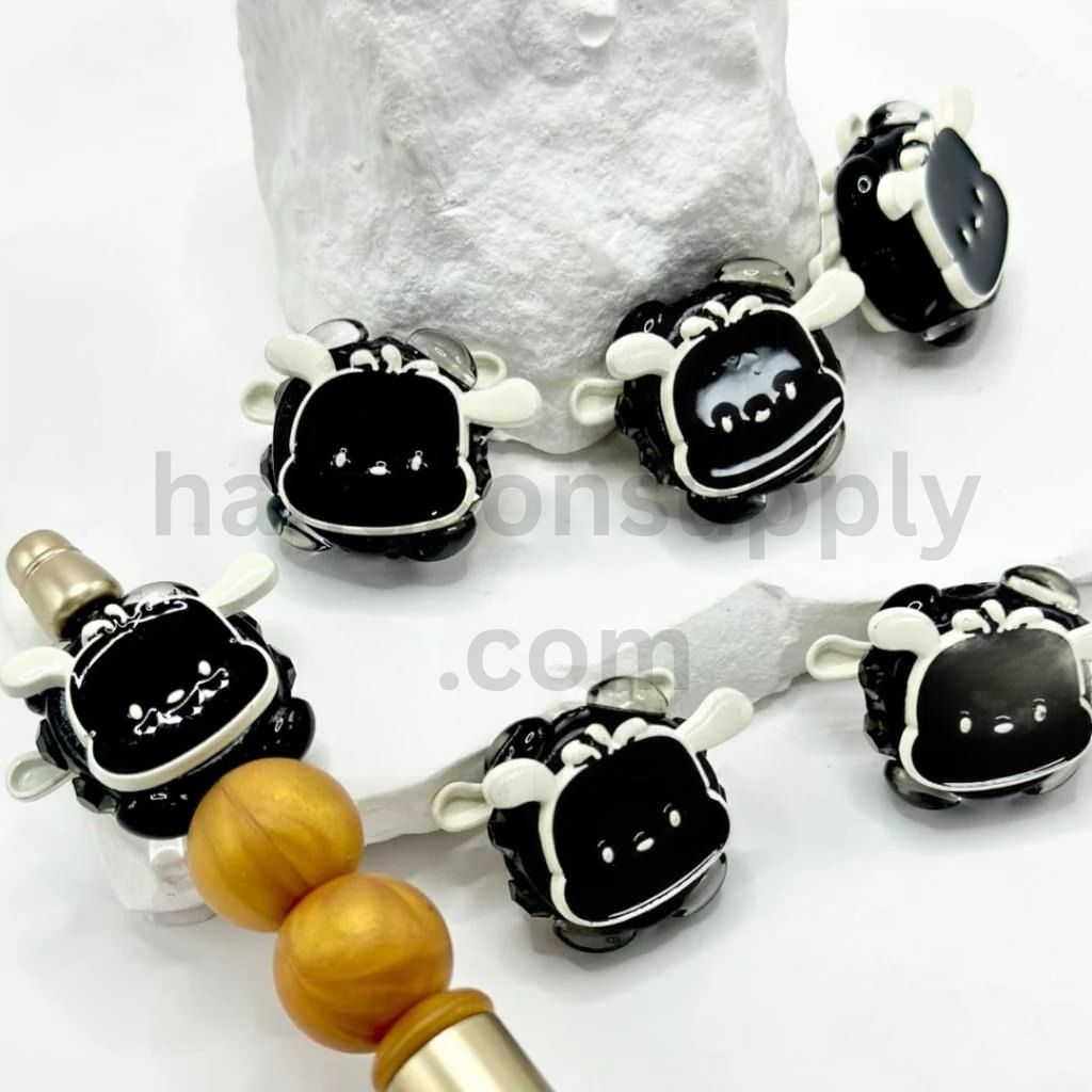 Delicate Chic Pochacc Head in Black Shiny White & Pink with Rhinestones Oval Pearls Clay Beads, Around 26*20MM