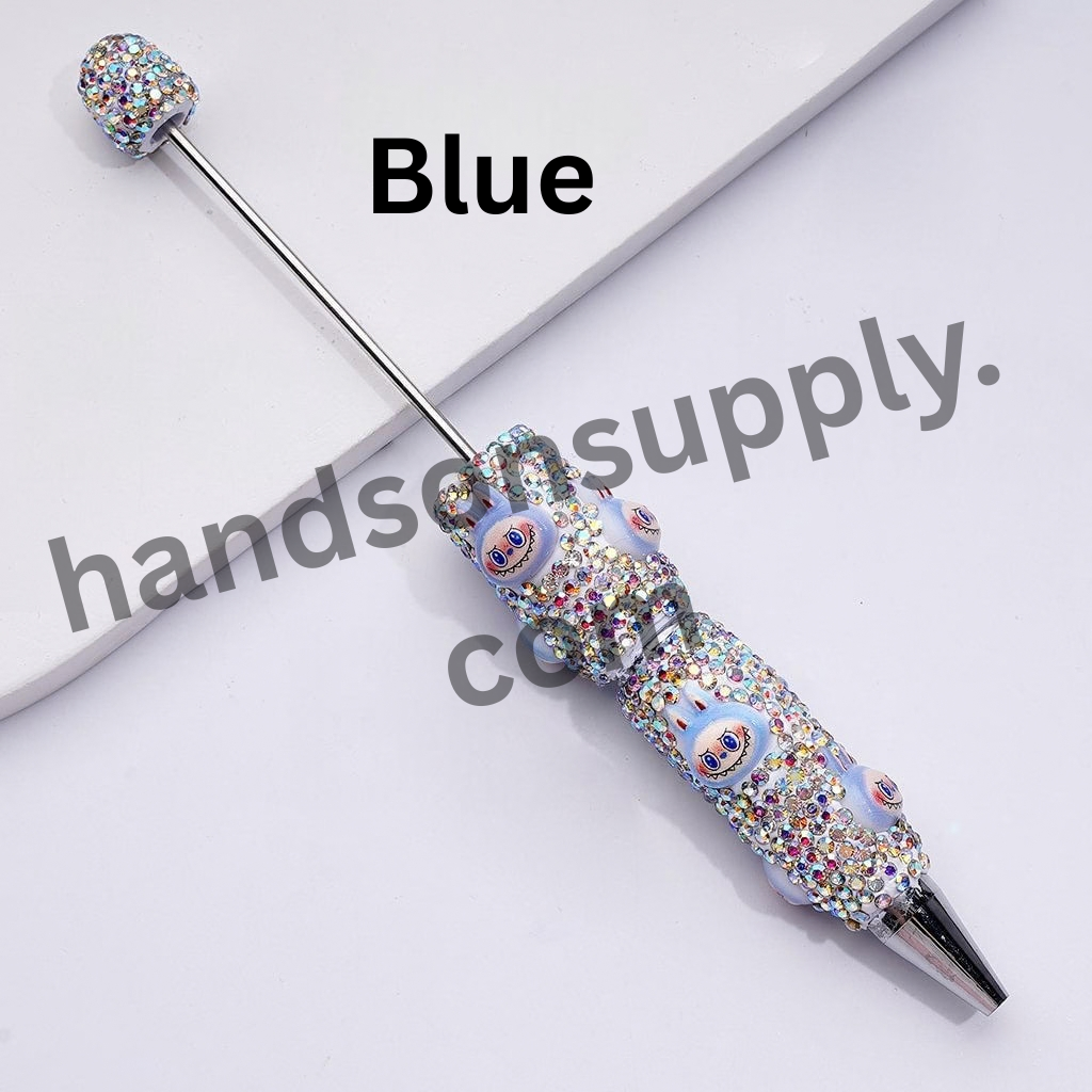 Designer White Beadable Clay Pens with Cute Monster Doll Heads and Full AB Rhinestone Coverage