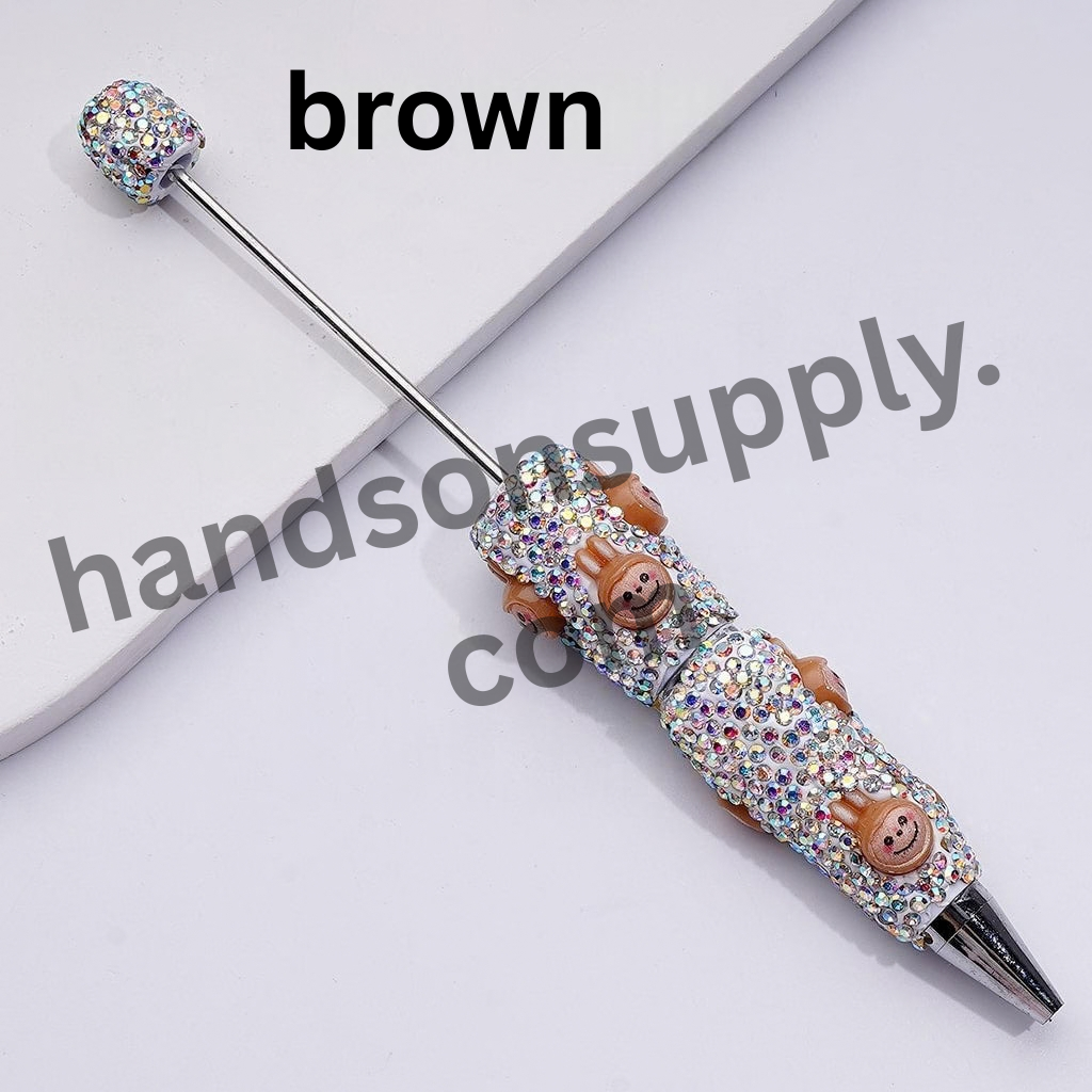 Designer White Beadable Clay Pens with Cute Monster Doll Heads and Full AB Rhinestone Coverage