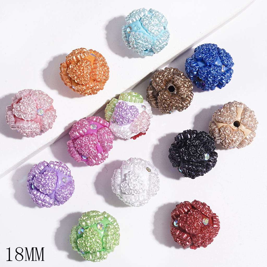 Valentine's Day AB Rhinestones and Heart Design with Rose Flowers Clay Beads, 18MM, Multi-Color, Random Mix