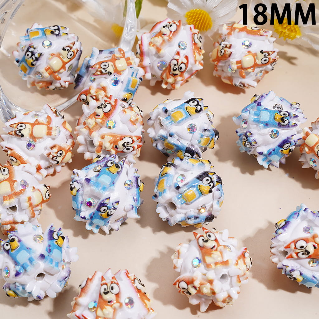 Clay Beads w Blue Dog Character & AB Rhinestones 18MM, Random Mix