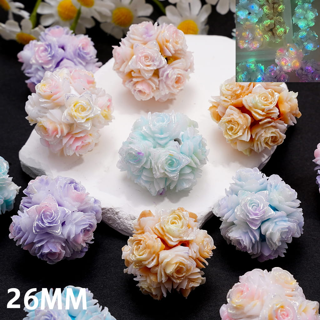 Clay Beads with Luminous Glitter Blooming Flowers in Ombre Colors, Around 26MM, Random Mix