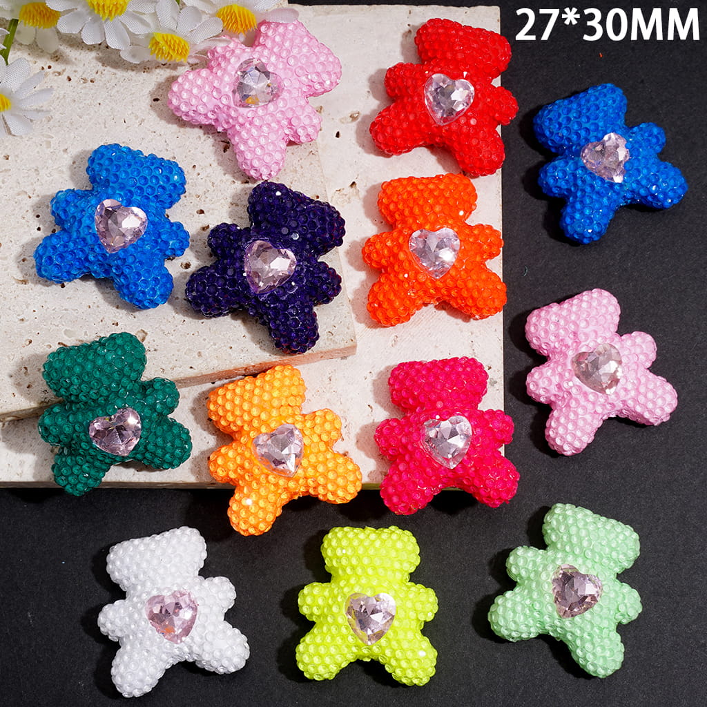 Adorable Bear shape design with Sparkling Pink Heart Rhinestone Centerpiece Vibrant Neon Colors Clay Beads , 27*30MM, Random Mix