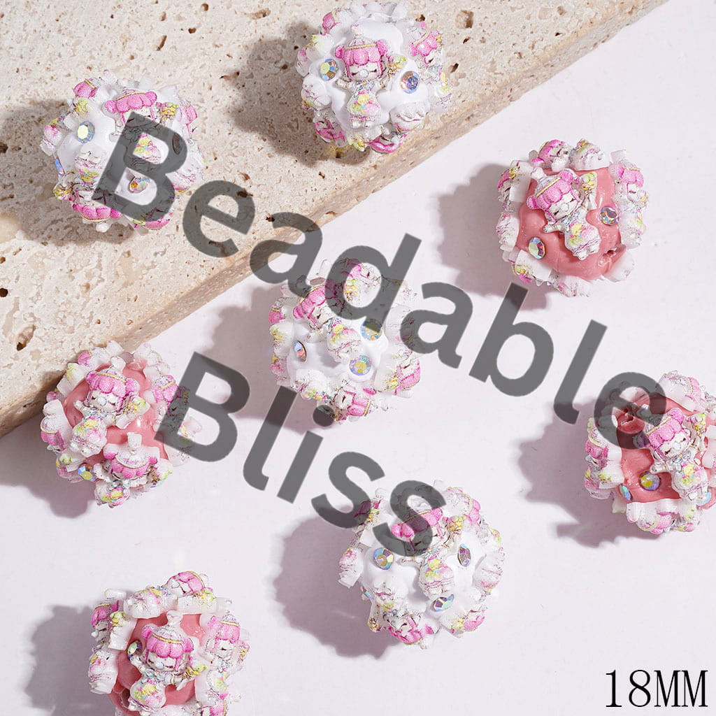 Clay Beads with Pink Haired Girl Blowing Bubbles and AB Rhinestones, 18MM, Pink and White Base, Random Mix