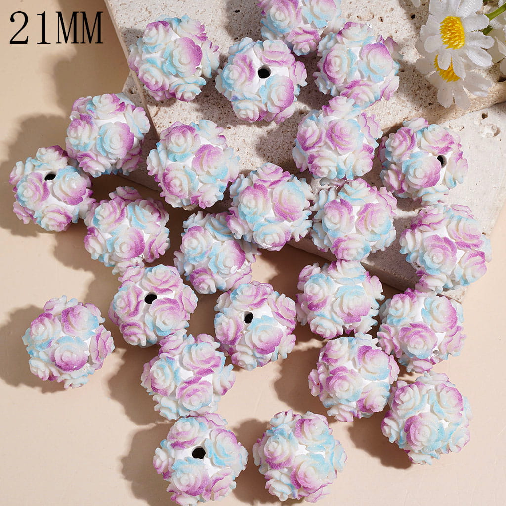 21MM - Clay Beads with Matte Frosted Rose Flower in Purple-Blue Ombre Colors