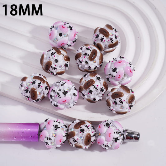 Cute Pink Brown Cow Pattern with AB Crystal Rhinestones Multi Color Silicone Focal Beads 18MM, Random Mix