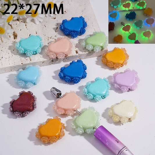 Luminous Rose Flower Edge on Heart Shape Clay Beads 22*27MM Random Mix