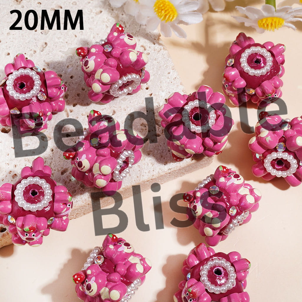 Clay Beads with Pink Bear and AB Rhinestones, White Pearls Chains, 20MM