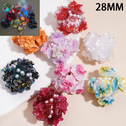 Luminous Glitter Hydrangea Flower Round Clay Beads with White Pearls, 28MM Random Mix
