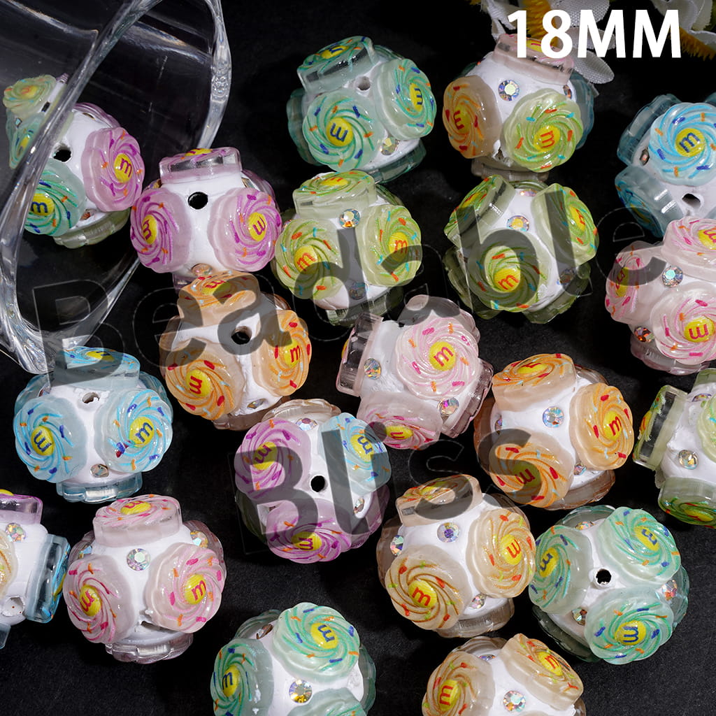 Clay Beads with Swirl Candy Chip and AB Rhinestones, 18MM, Assorted Colors, Random Mix