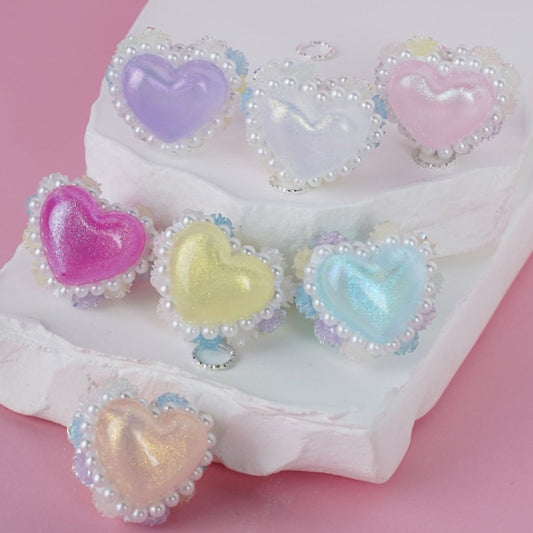 Glitter Heart Bling Bling Colorful White Pearls Chains Mini Cute Flowers White Heart Clay Beads, Around 27*22MM, Random Mix