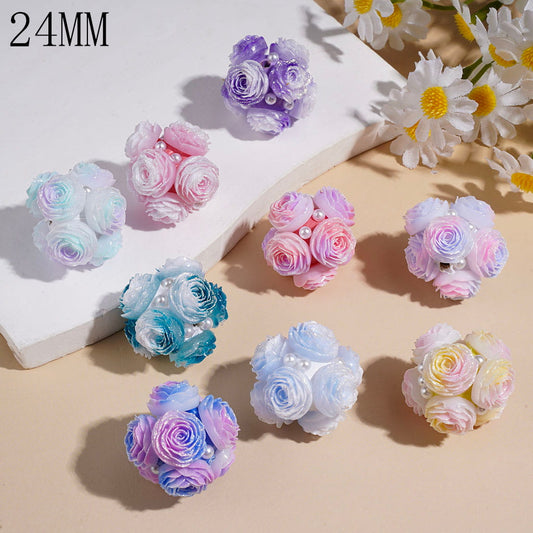 Glitter Roes Flower and White Pearls, Round Clay Beads 24MM, Random Mix