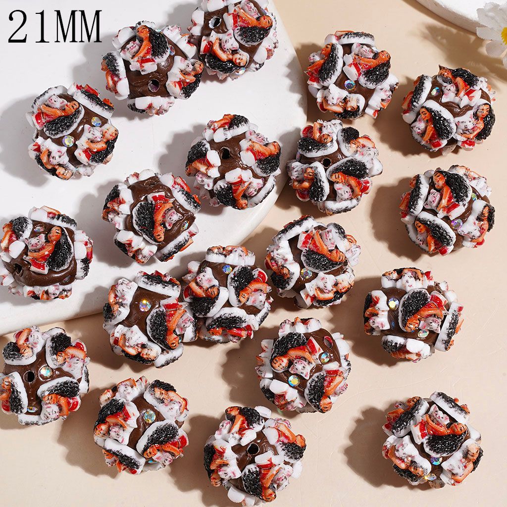 Charming Long-Black Haired Girl Holding Pig with Sparkling AB Rhinestone on Brown Background Clay Beads, 21MM 
