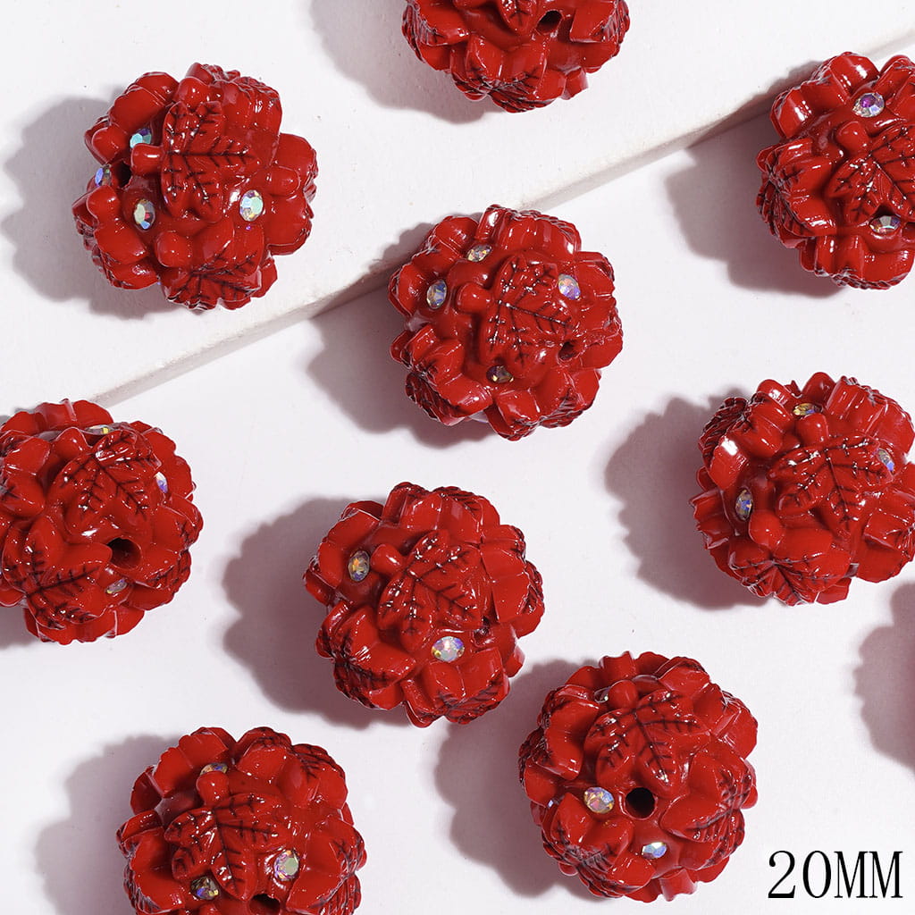 Autumn Red Maple Leaf Design with Sparkling AB Rhinestones Clay Beads, 20MM