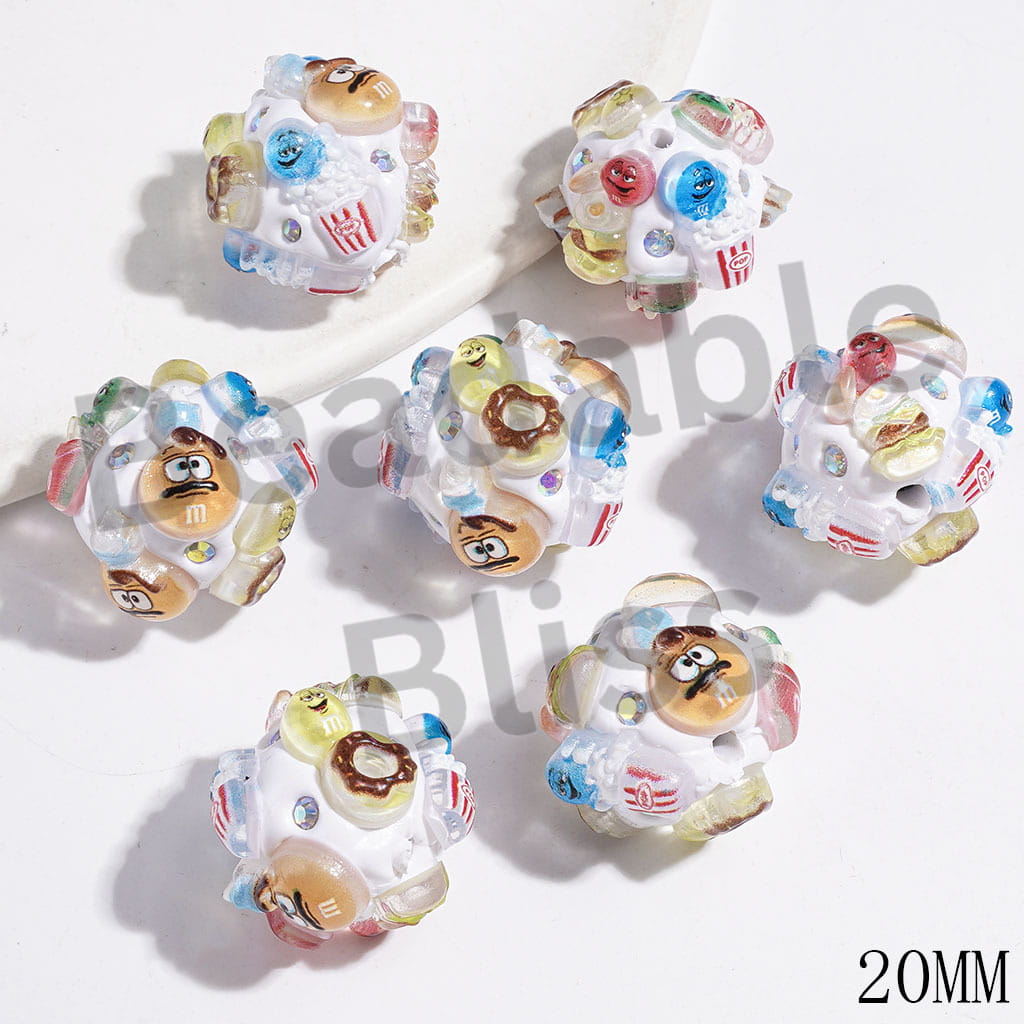 Candy Bean Hamburger Chips Popcorn Doughnut and AB Rhinestones Clay Beads, 20MM