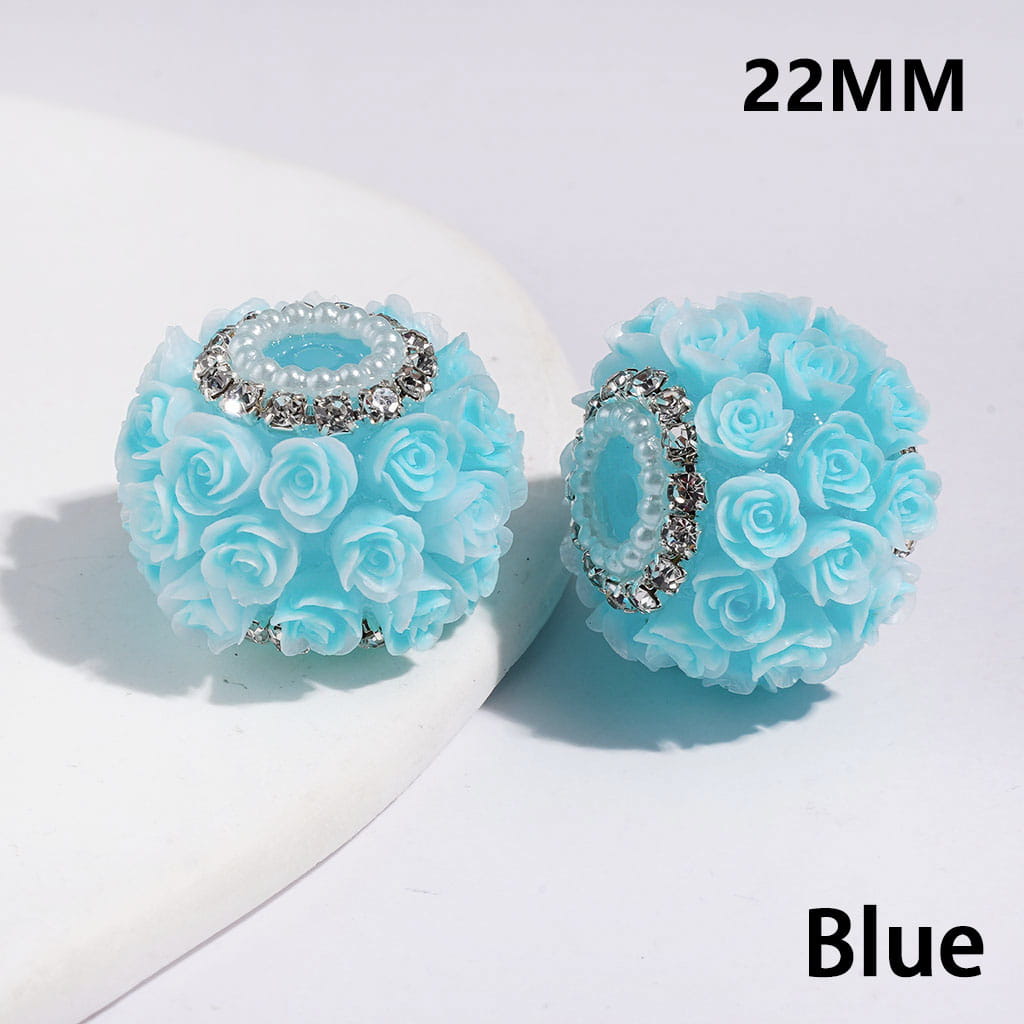 Handmade Acrylic Beads with Rose Flower, White Pearl & Silver Metal Chains with Clear Rhinestone, 22MM Multi-Color