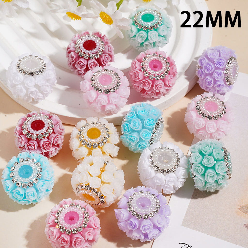 Handmade Acrylic Beads with Rose Flower, White Pearl & Silver Metal Chains with Clear Rhinestone, 22MM Multi-Color