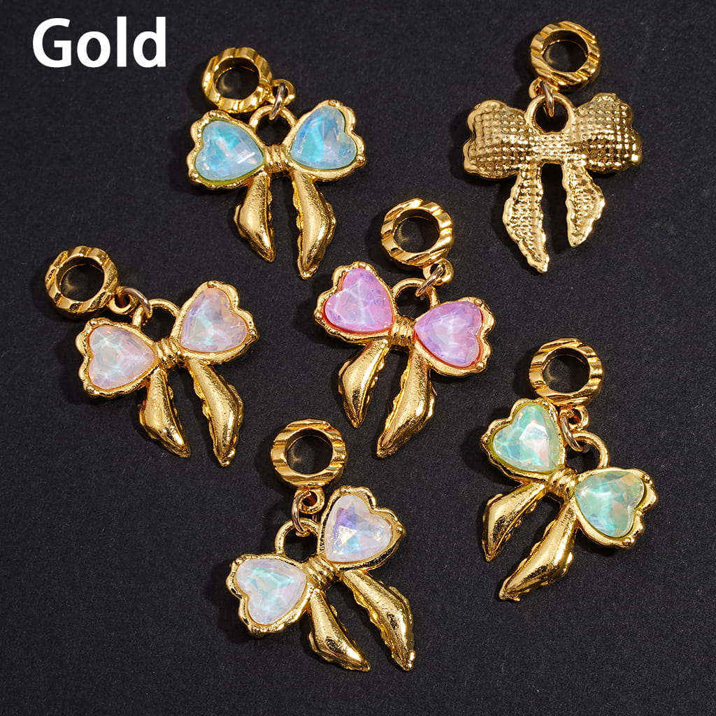 Gold & Silver Alloy Bail Jump Ring Beads with Bowknot and Bowtie Heart Rhinestone Charms, Elegant Jewelry Accessories