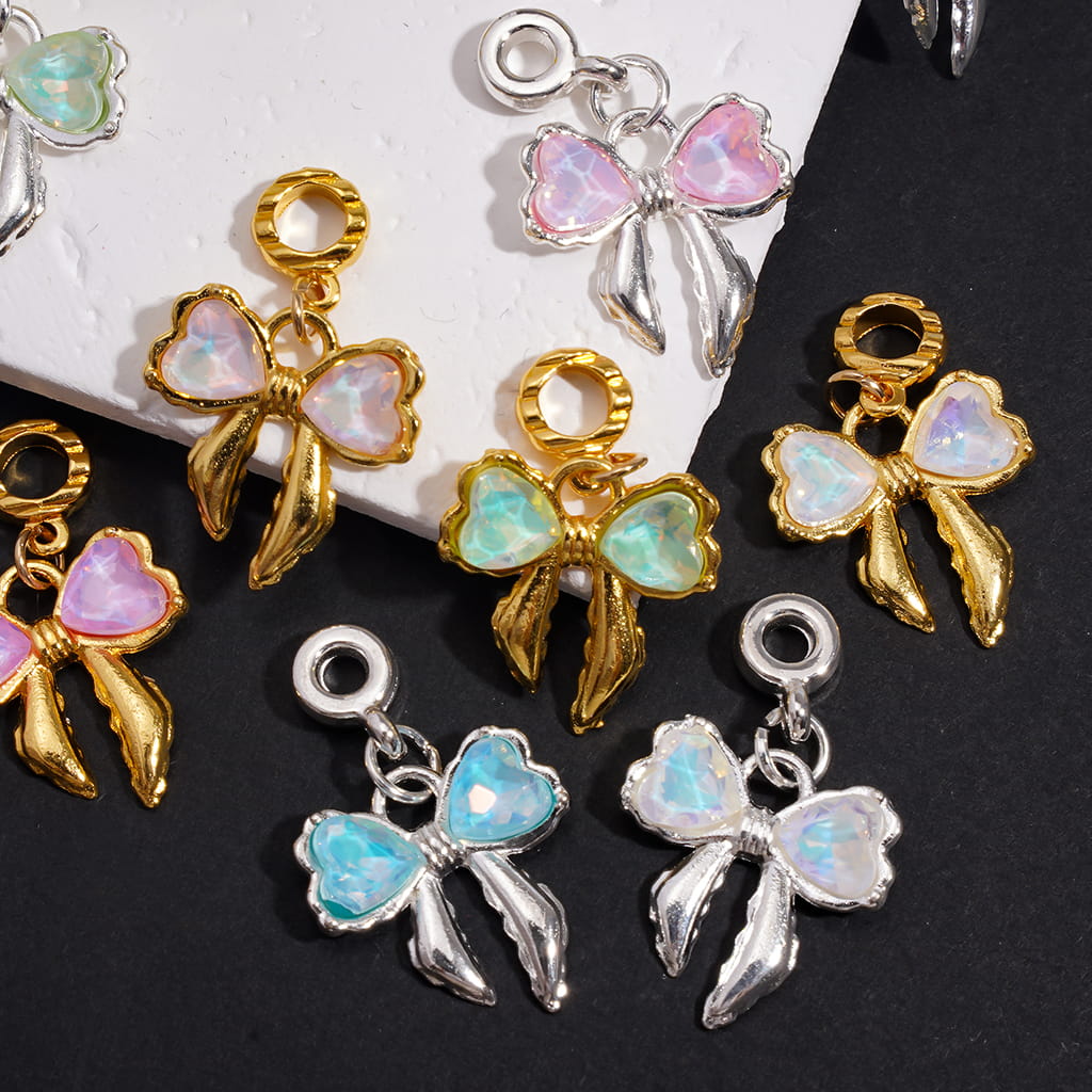 Gold & Silver Alloy Bail Jump Ring Beads with Bowknot and Bowtie Heart Rhinestone Charms, Elegant Jewelry Accessories