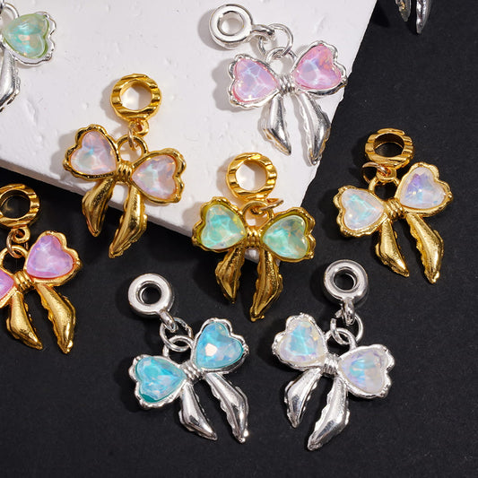 Gold & Silver Alloy Bail Jump Ring Beads with Bowknot and Bowtie Heart Rhinestone Charms, Elegant Jewelry Accessories
