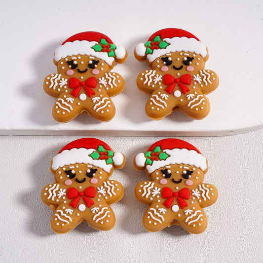 Cute Christmas Gingerbread Man with Red Santa Hat and Bowknot Silicone Focal Beads