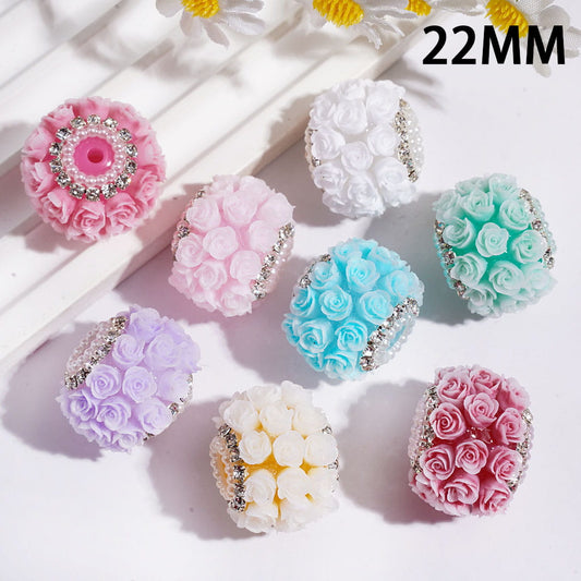 Mini Rose Flower Round Handmade Acrylic Beads with White Pearl, Silver Metal & Clear Rhinestone Chain 22MM Multi-Color Random Mix (Please Read Description)