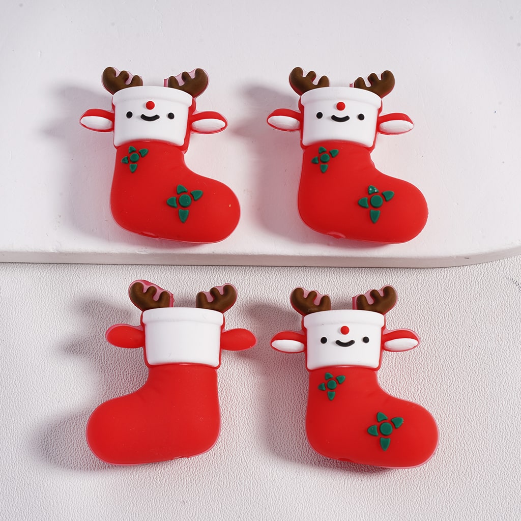 3D Christmas Red Socks with Reindeer Style Motif Silicone Focal Beads
