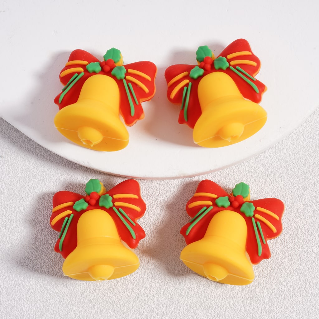 3D Yellow Christmas Bell with Cute Red Bow and Green Leaves Design Silicone Focal Beads